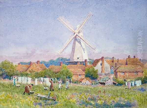 Women Hanging Washing Cranbrook Mill Kent Oil Painting by A. Foord Hughes