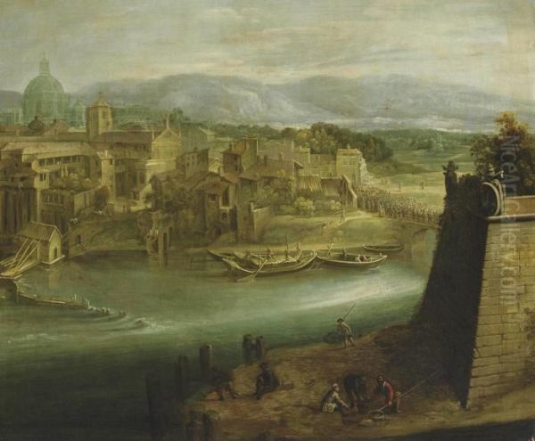 A View Of A Harbour With Figures On A Shore, St. Peter's Oil Painting by Paul Bril