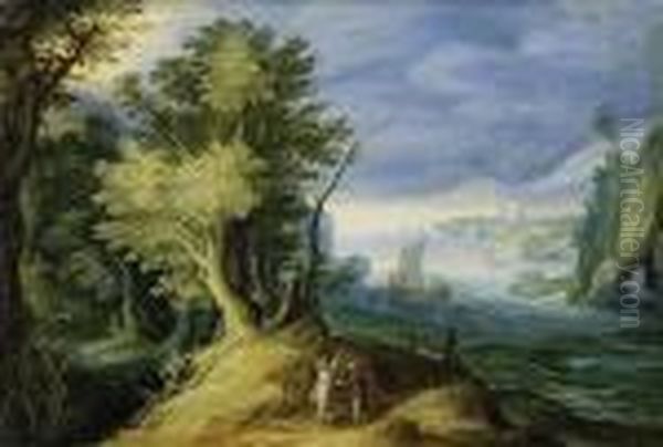 Pilgrim With An Angel In A Wide Riverscape Oil Painting by Paul Bril