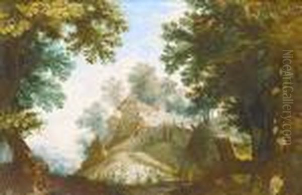 A Hermit By A Tree In A Wooded Landscape, With A Village On The Horizon Oil Painting by Paul Bril