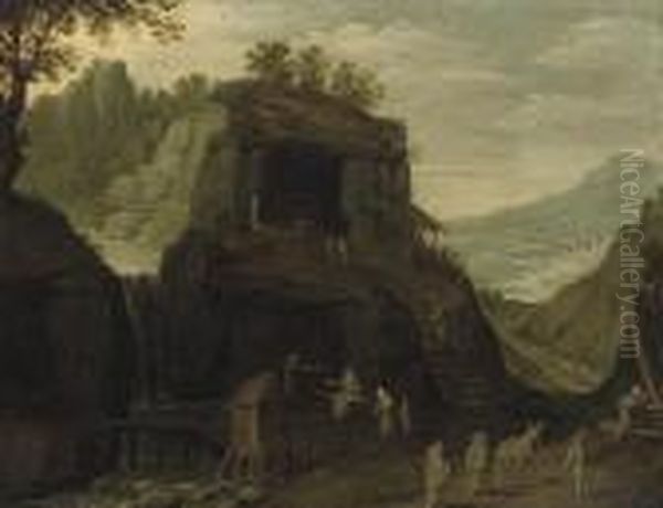 A Mountainous Landscape With Pilgrims Outside A Grotto Oil Painting by Paul Bril