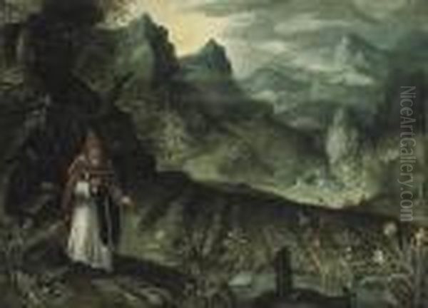 An Extensive Landscape With Saint Anthony Abbot Before His Field Ofcrops Oil Painting by Paul Bril