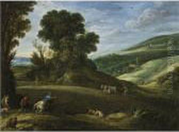 An Extensive Landscape With Hunters Crossing A Field Beingploughed Oil Painting by Paul Bril