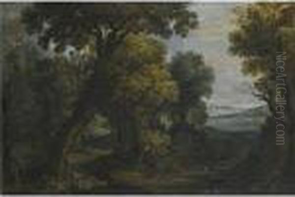 A Wooded Fluvial Landscape With Hunters Shooting Birds Oil Painting by Paul Bril