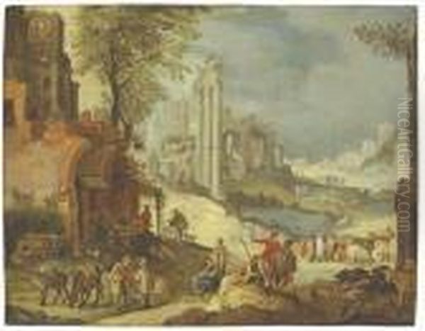 Figures Resting By An Inn, A 
Capriccio Of Roman Ruins Including Thetemple Of Castor And Pollux Beyond Oil Painting by Paul Bril