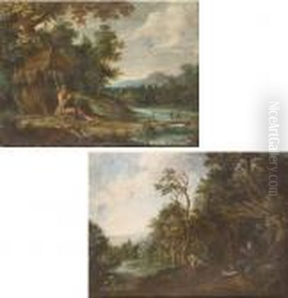 A Hermit Saint In A Wooded River
 Landscape, Seated Before His Hermitage, Two Travellers On A Bridge 
Beyond; And A Hermit Saint In A Wooded River Landscape, Praying Outside 
His Hermitage, A Traveller On Horseback Crossing A Brook Beyond Oil Painting by Paul Bril