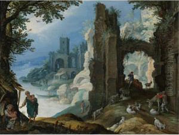 Figures In A Landscape With Ruins Oil Painting by Paul Bril