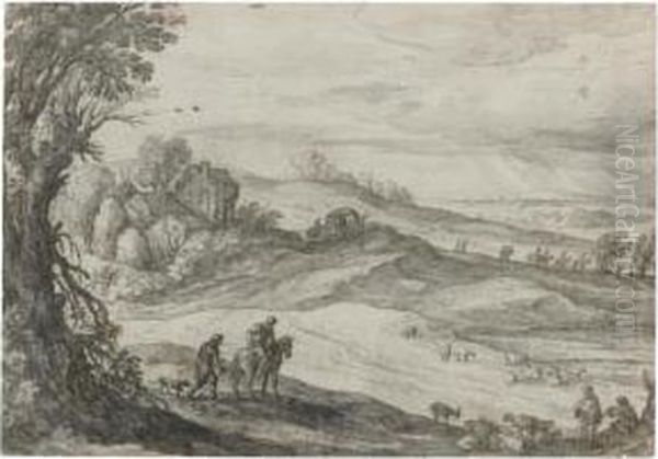 An Extensive Pastoral Landscape, With Shepherds And Animals And Travellers On A Road Oil Painting by Paul Bril