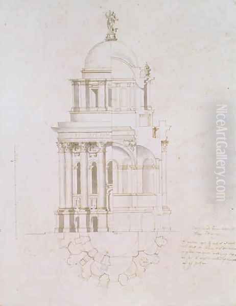 Elevation cross section and plan of an unrealised baptistery for St Pauls Cathedral Oil Painting by Nicholas Hawksmoor