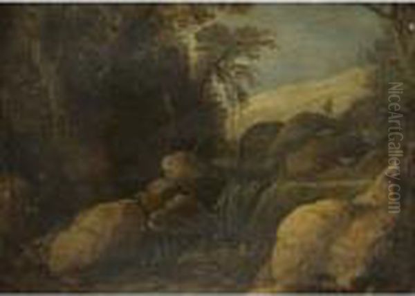 A Landscape With A Goat Herder And His Flock Near A Waterfall Oil Painting by Paul Bril