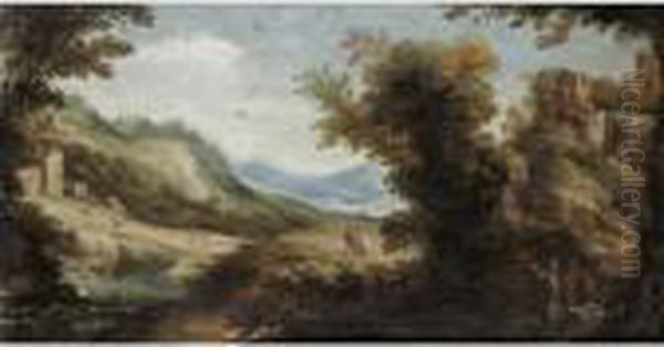 An Extensive River Landscape 
With A Hermit Saint In The Foreground A Temple And Ruins Beyond Oil Painting by Paul Bril