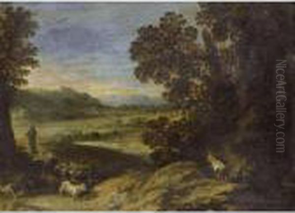 A Goat Herd Near A Wood In An Extensive Landscape Oil Painting by Paul Bril