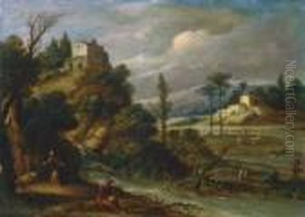 Nachfolge Sudliche Landschaft 
Mit Eremiten Und Einer Hochgelegenen Kapelle. Ol Auf Kupfer. H 28,8; B 
40 Cm Oil Painting by Paul Bril