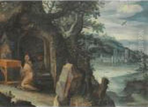 A Mountainous River Landscape With A Hermit Praying In A Grotto And A City Beyond Oil Painting by Paul Bril