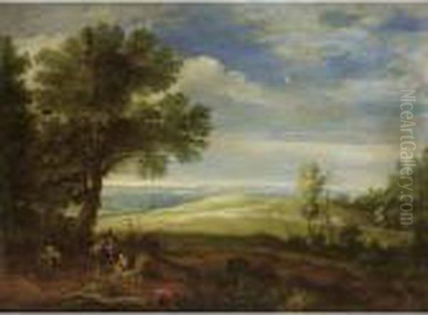 An Extensive Wooded Landscape 
With Monks Resting With A Donkey Near Trees In The Foreground, A 
Shepherd And His Herd Together With Horses On A Path In The Distance Oil Painting by Paul Bril