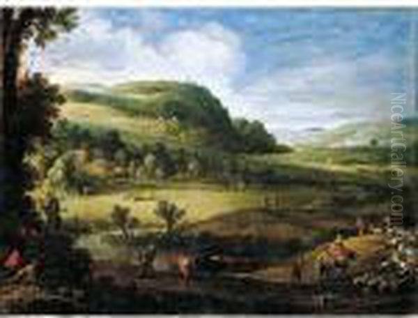 An Extensive Landscape With 
Herders Guiding Their Goats And A Man Attempting To Trap Birds In The 
Foreground Oil Painting by Paul Bril