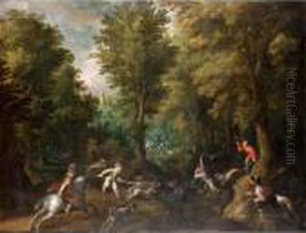 Hunters And Their Dogs Chasing A Boar In A Wooded Landscape Oil Painting by Paul Bril