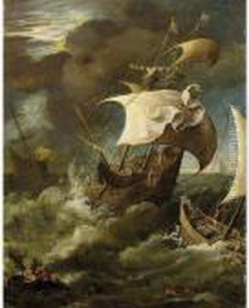 Shipping In A Storm Oil Painting by Paul Bril