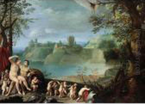 Mars And Venus In An Extensive River Landscape With Putti Playing And Dancing Oil Painting by Paul Bril