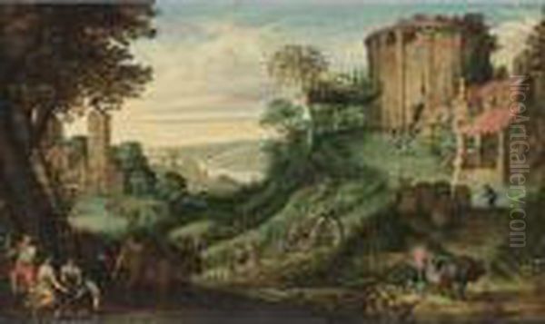 An Extensive Landscape With 
Peasants Harvesting Fruit, The Temple Of Vesta To The Right, A View Of A
 River In The Distance Oil Painting by Paul Bril