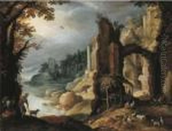 A Classical River Landscape With Herdsmen And Goats Resting Amongst Ruins Oil Painting by Paul Bril