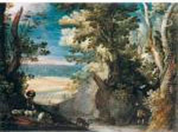 A Wooded Landscape With A 
Herdsman Tending Goats In The Foreground, A View Of A Town In The 
Distance Oil Painting by Paul Bril