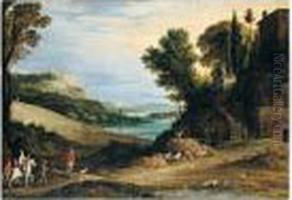 An Italianate Landscape With A 
Hawking Party Approaching A Villa, Other Huntsmen And A Hilltop Town 
Beyond Oil Painting by Paul Bril