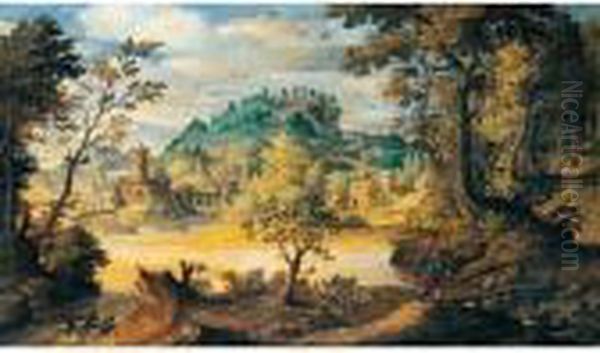 A River Landscape With A Traveller Crossing A Bridge In The Foreground, A Town Beyond Oil Painting by Paul Bril