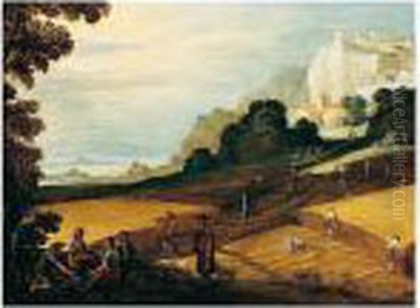 A Harvesting Scene With Workers Eating And Resting In The Foreground Oil Painting by Paul Bril