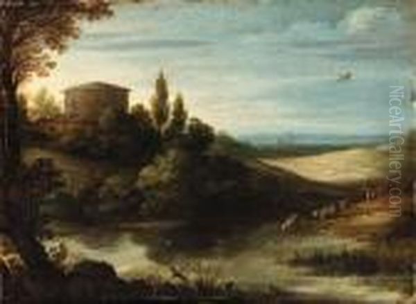 A Landscape With A Drover And Cattle Watering At A Pond Oil Painting by Paul Bril