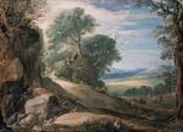 An Italianate Landscape With 
Herdsmen And Cattle By A Stream,buildings In The Hills Beyond Oil Painting by Paul Bril