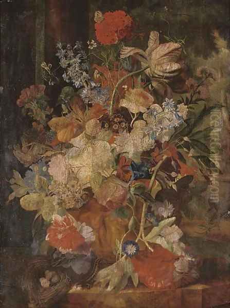 Tulips, morning glory, and other flowers in a sculpted urn with a birds nest on a ledge, figures in a garden beyond Oil Painting by Jan Van Huysum