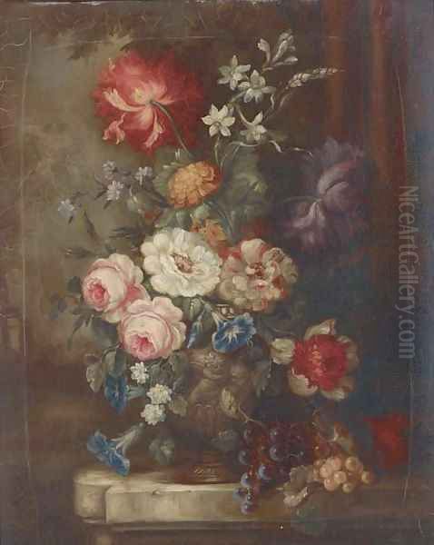 Roses, petunias, dahlias, campanulae and other summer flowers in an ornamental urn with bunches of grapes on a garden plinth Oil Painting by Jan Van Huysum