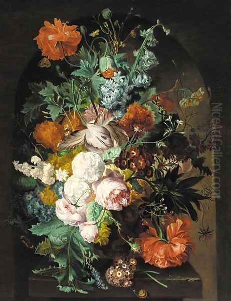 Parrot tulips, roses, poppies, carnations, morning glory, chrysanthemums in an urn on a stone ledge, with a snail, butterflies and other insects Oil Painting by Jan Van Huysum