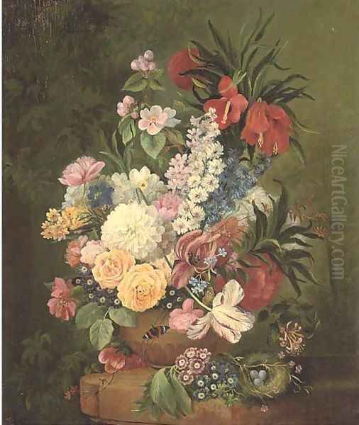 Roses, parrot tulips, lillies, narcissi, morning glory and other flowers in a vase on a stone ledge, with a birds nest Oil Painting by Jan Van Huysum