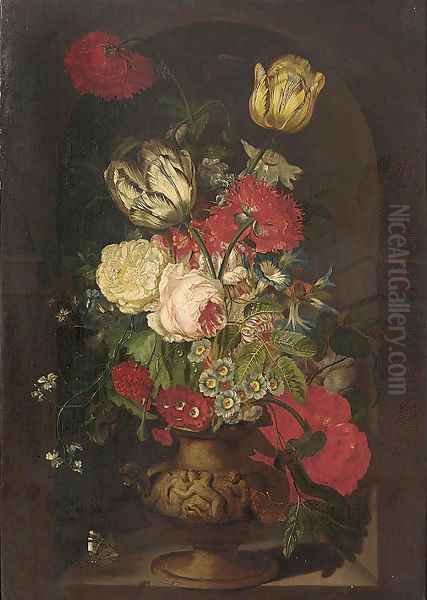 Carnations, tulips, morning glories, a rose and other flowers in a sculpted urn in a casement, with two butterflies Oil Painting by Jan Van Huysum