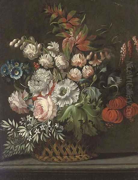 Chrysanthemums, roses and other flowers in a wicker basket, on a ledge Oil Painting by Jan Van Huysum