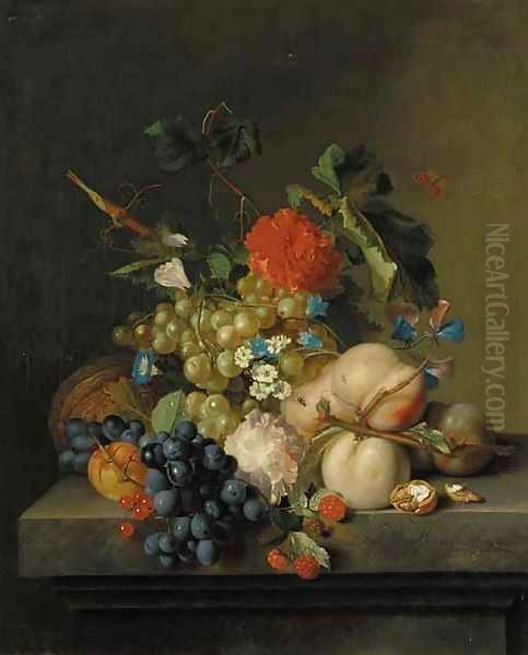 Grapes on the vine, peaches, a melon, redcurrants, a split walnut, with Morning Glory, other flowers and a butterfly on a marble plinth Oil Painting by Jan Van Huysum