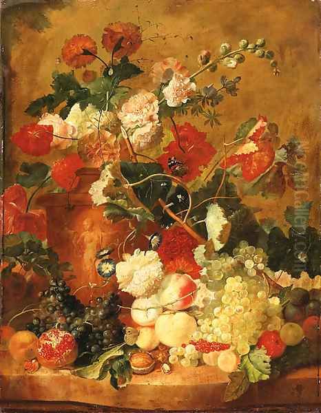 Roses, Carnations and other Flowers in a sculpted terracotta Vase with a Pomegranate, Peaches, Plums, Grapes, a Walnut, Hazelnuts and Currants Oil Painting by Jan Van Huysum