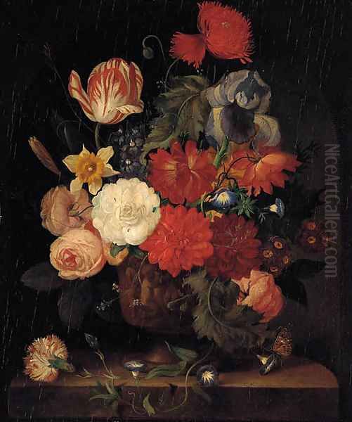 Roses, carnations, morning glories, tulips and other flowers in a vase on a ledge in a niche Oil Painting by Jan Van Huysum