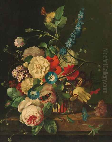 Roses, peonies, morning glory, tulips and other flowers in a basket, with a red admiral and a moth, on a stone plinth Oil Painting by Jan Van Huysum