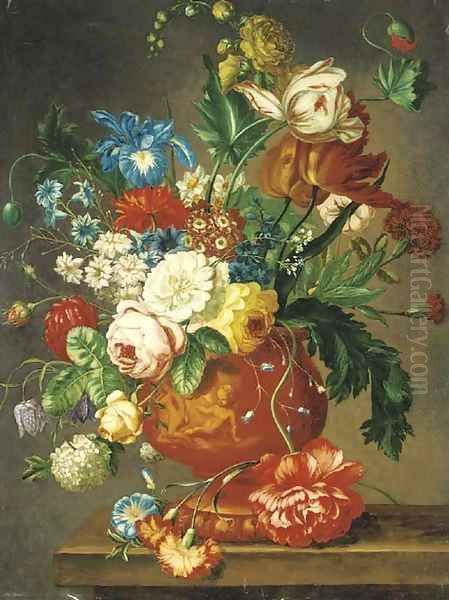 Roses, tulips, carnations, morning glory, daffodils and other flowers in a vase on a ledge Oil Painting by Jan Van Huysum