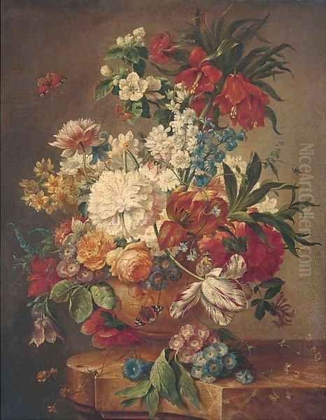 Roses, tulips, morning glory, narcissi and other flowers in an urn on a marble ledge with butterflies Oil Painting by Jan Van Huysum