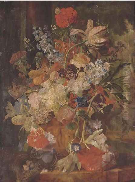 Tulips, morning glory, and other flowers in a sculpted urn with a birds nest on a ledge, figures in a garden beyond 2 Oil Painting by Jan Van Huysum