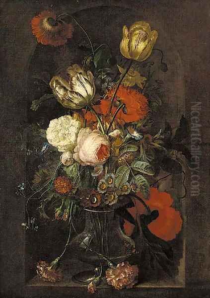 Tulips, roses, carnations, morning glory and other flowers in a glass vase in a stone niche Oil Painting by Jan Van Huysum