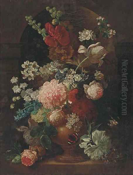 A parott tulip, roses, morning glory and other flowers in an urn in a niche, with a butterfly Oil Painting by Jan Van Huysum