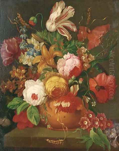 A parrot tulip, roses, narcissi and other flowers in a vase on a stone ledge Oil Painting by Jan Van Huysum