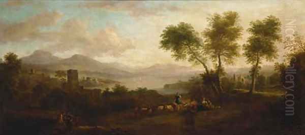 An extensive landscape with shepherds Oil Painting by Jan Van Huysum