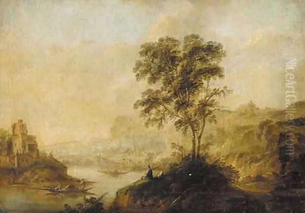 Figures at a river in an Italianate landscape Oil Painting by Jan Van Huysum