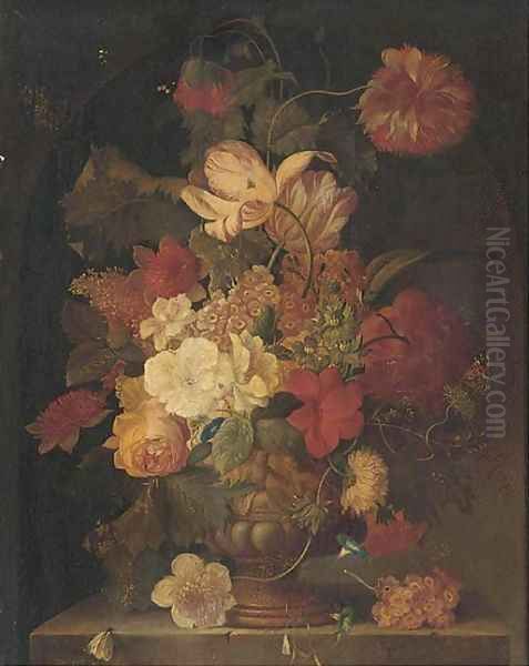 Flowers in vase on a stone ledge Oil Painting by Jan Van Huysum